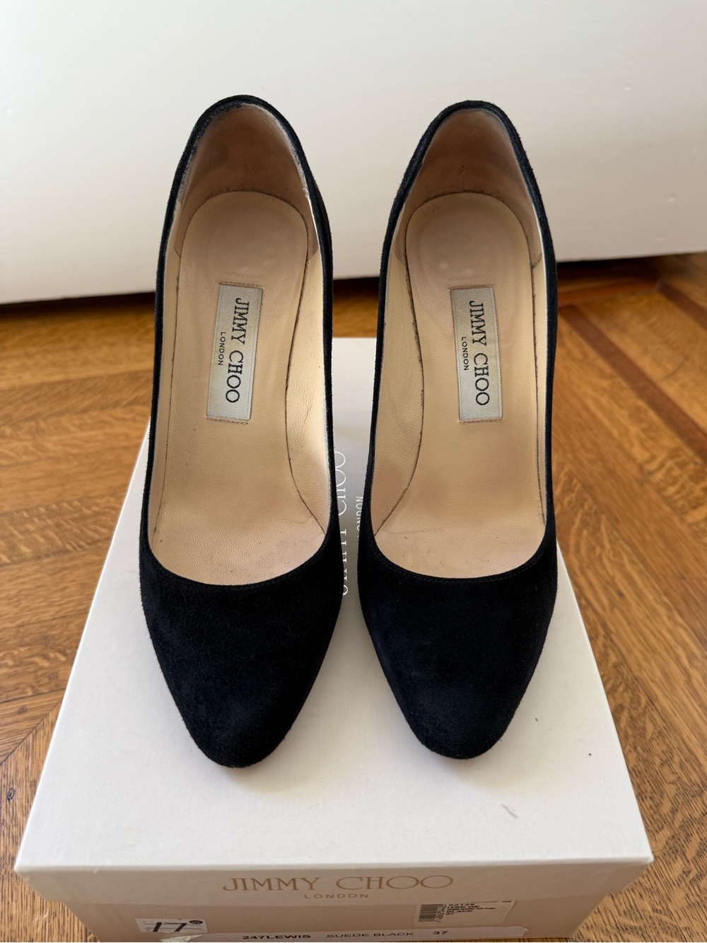 Jimmy Choo Black Suede Round-Toe Pumps, 4”. Size 37.